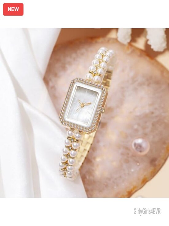 Small Square Dial Quartz Analog Watch Pearl Strap Bracelet Dress Watch Women main image 4